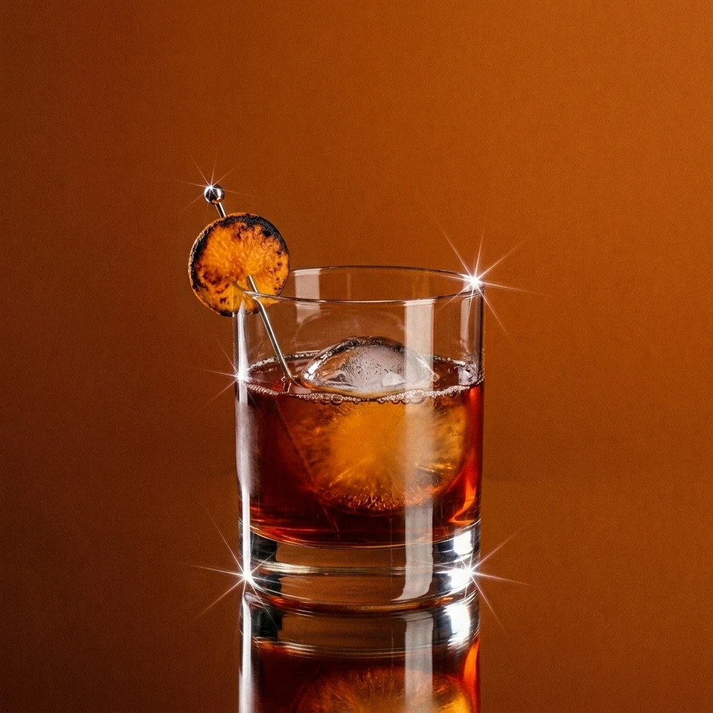 The Doorman, a rye and amaro drink over ice with a burnt orange coin against amber.