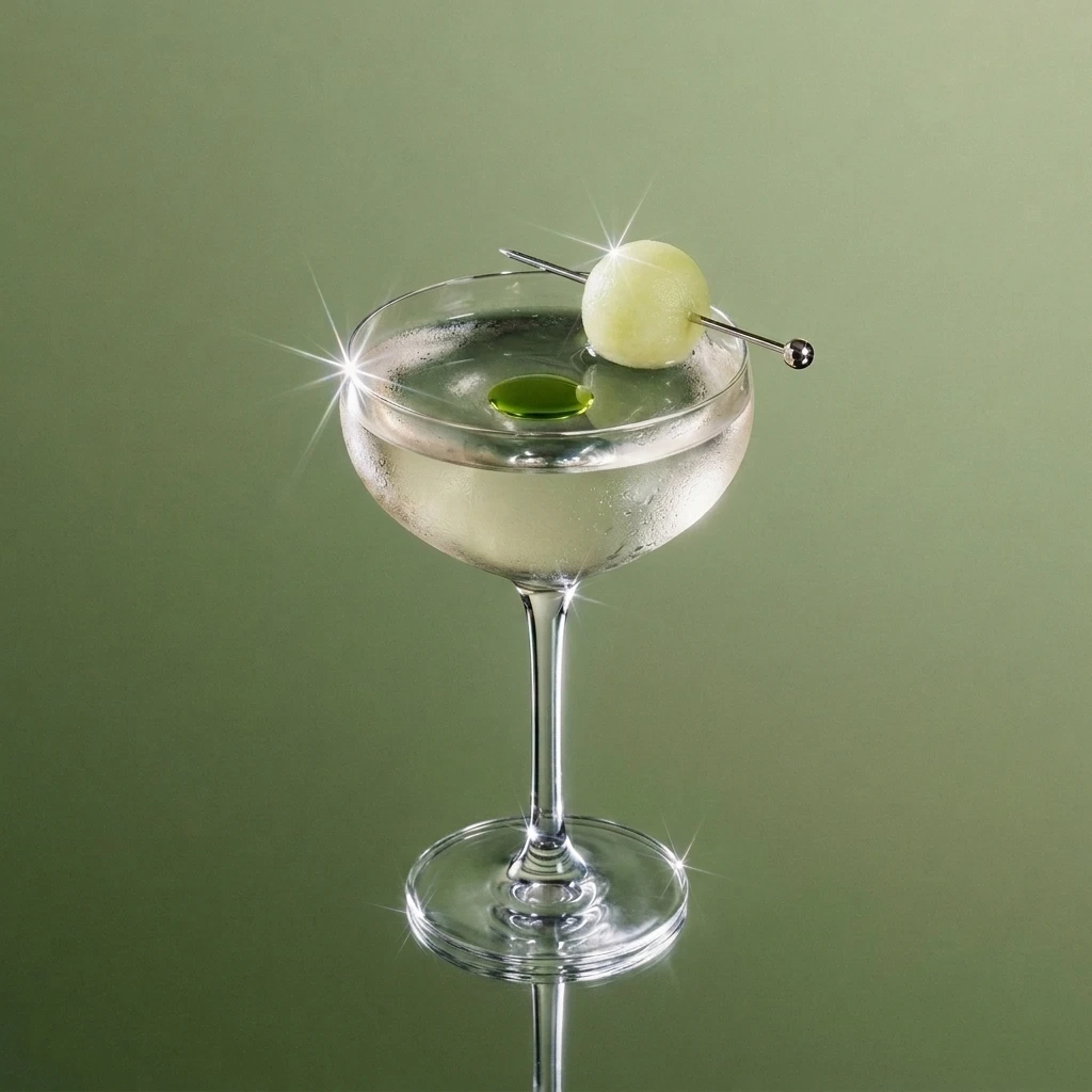 First Light, a clear coupe garnished with a melon ball and basil oil against a soft green backdrop.