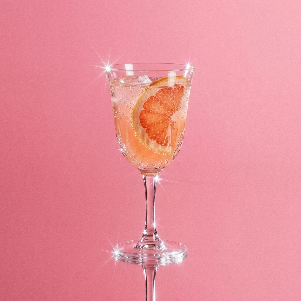Mirror, Mirror, a sparkling pink grapefruit highball against a blush backdrop.