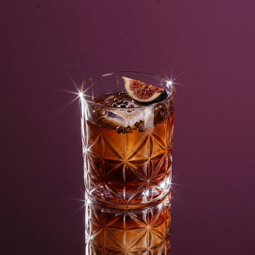 Velvet Hour, a fig-garnished cognac drink over a clear cube against deep plum.